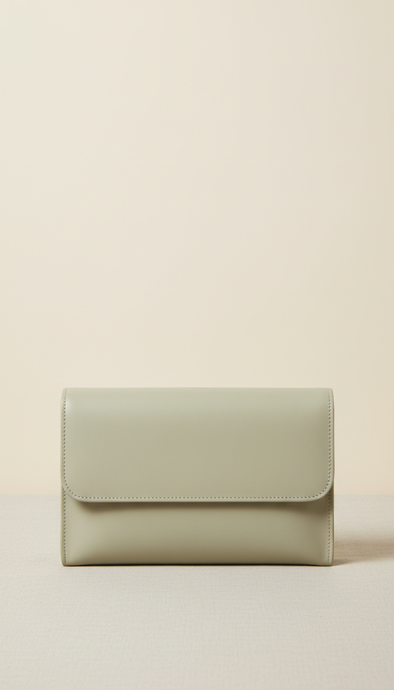 Pale sage leather clutch with magnetic closure